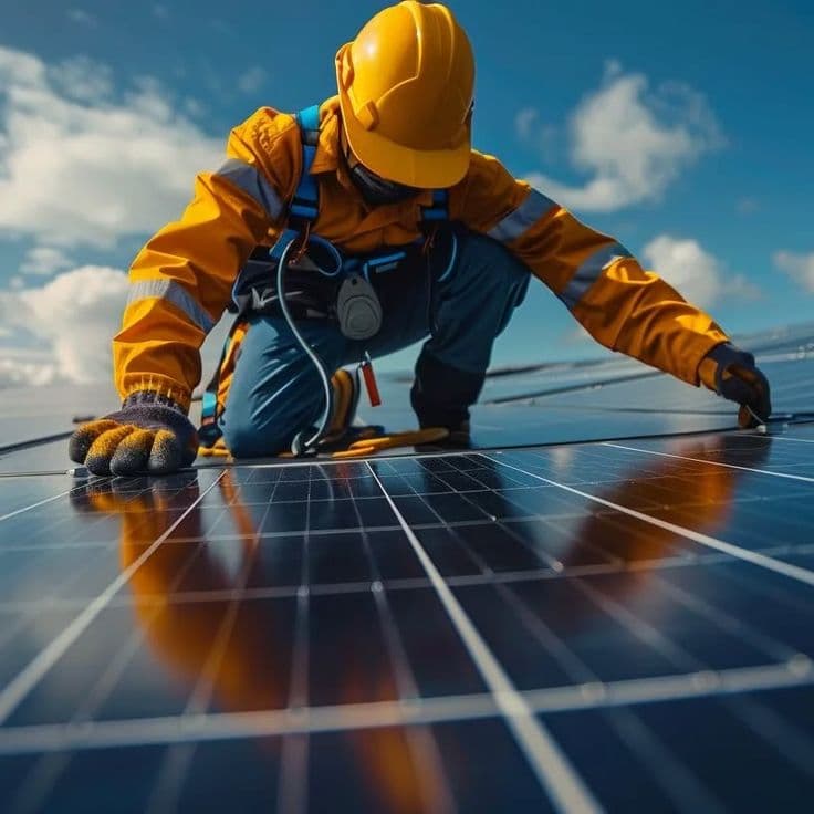 A solar technician installing rooftop photovoltaic panels