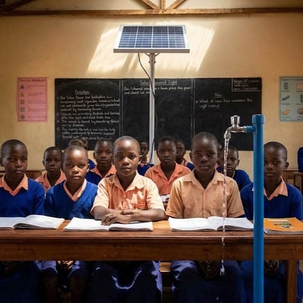African students in a classroom lit and powered by a rooftop solar panel